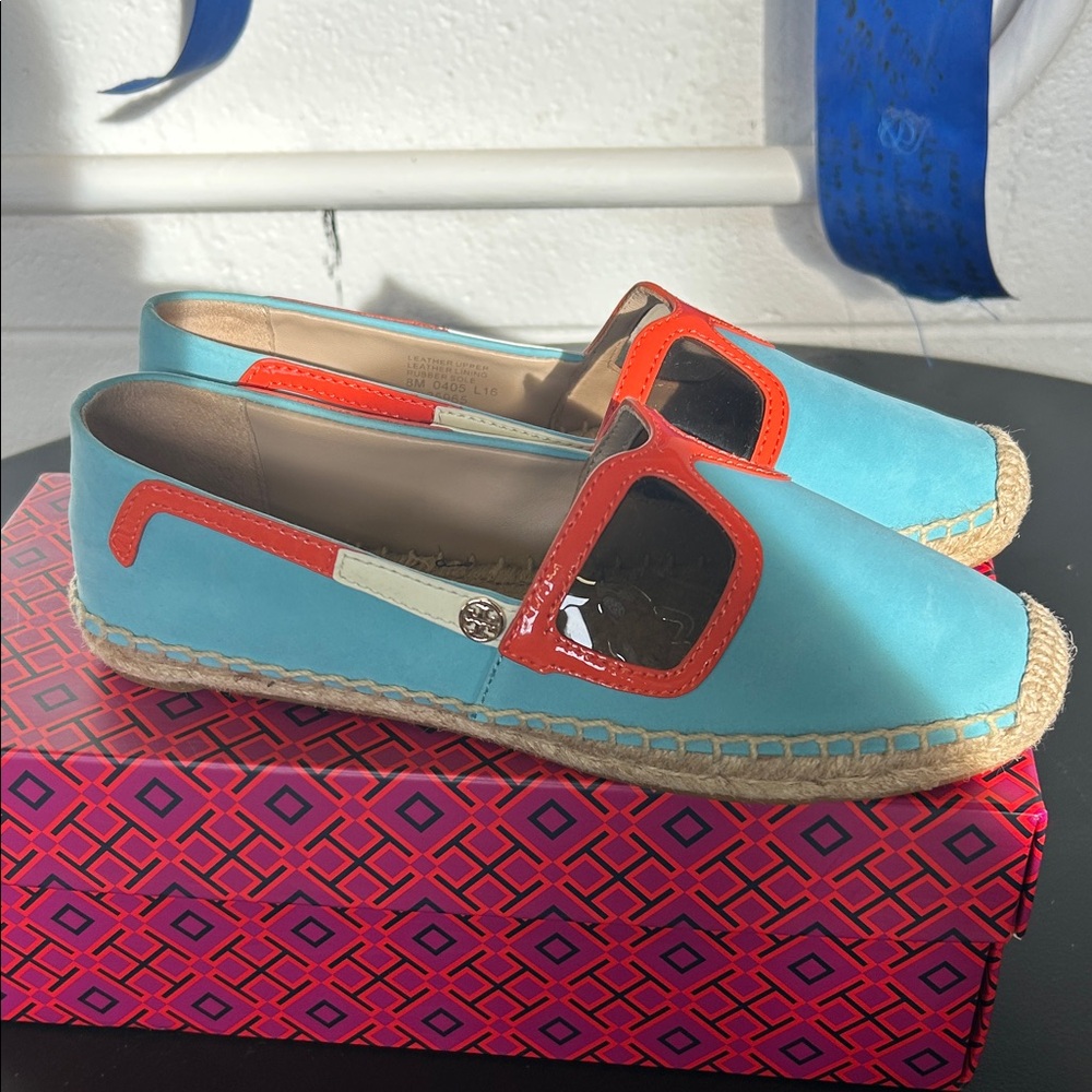 Tory Burch Turquoise and Coral Espadrille Slip-Ons